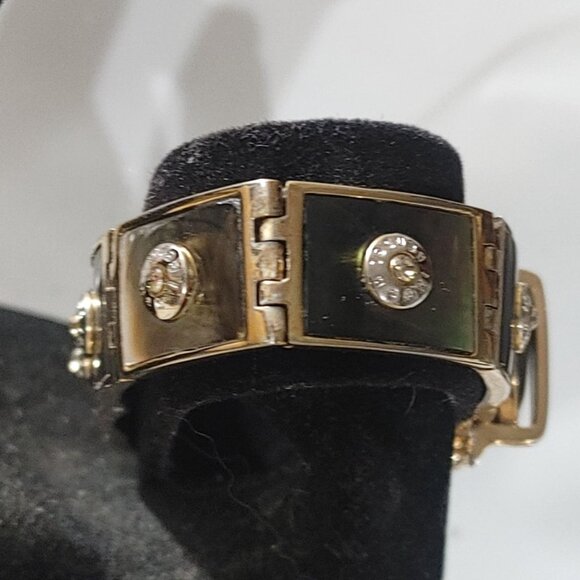 Hendi Bendal Hinge Belt Buckle Bracelet MOP Signature Logo Gold Tone Rhinestone - Picture 6 of 16